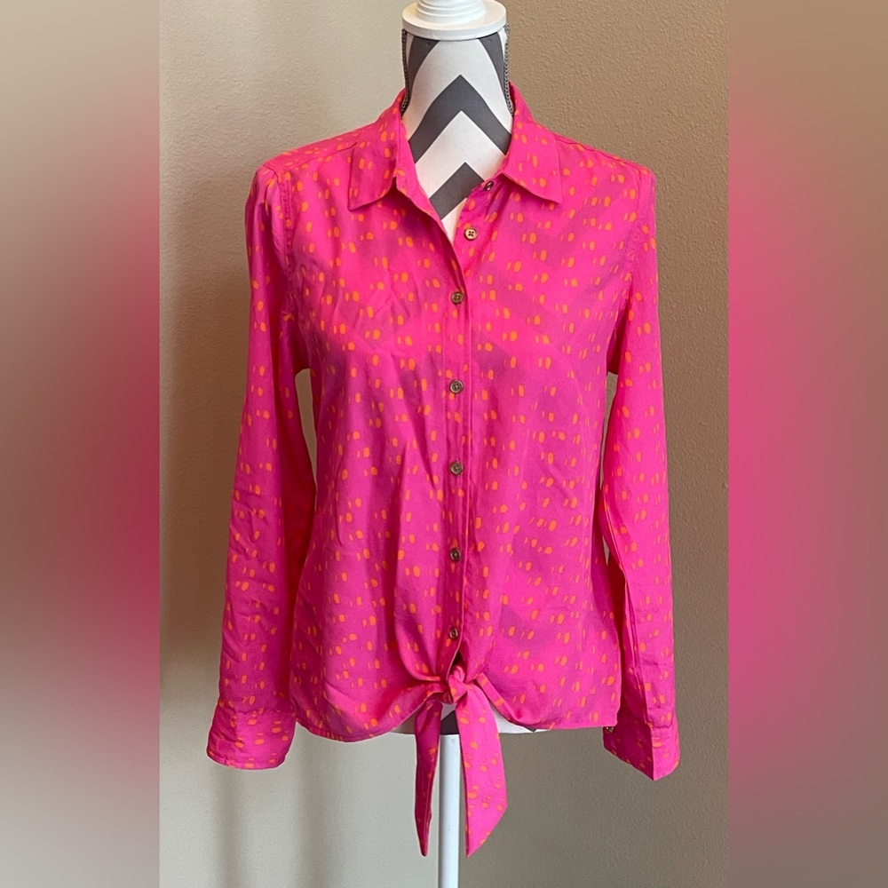 Sofia Vergara - Pink and Orange Long Sleeve Button Up Shirt - Size: Medium